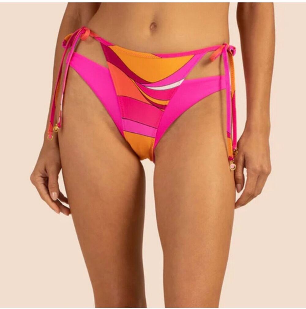 Trina Turk Bikini Bottom Size 10 NEW Vivid Vista Pink Orange Retro Side Tie Gold